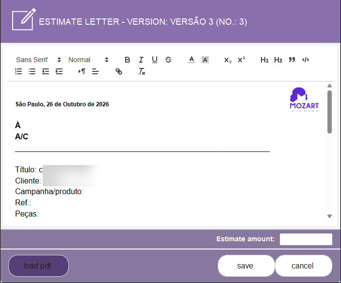 Editor da carta de orçamento do Mozart Planner